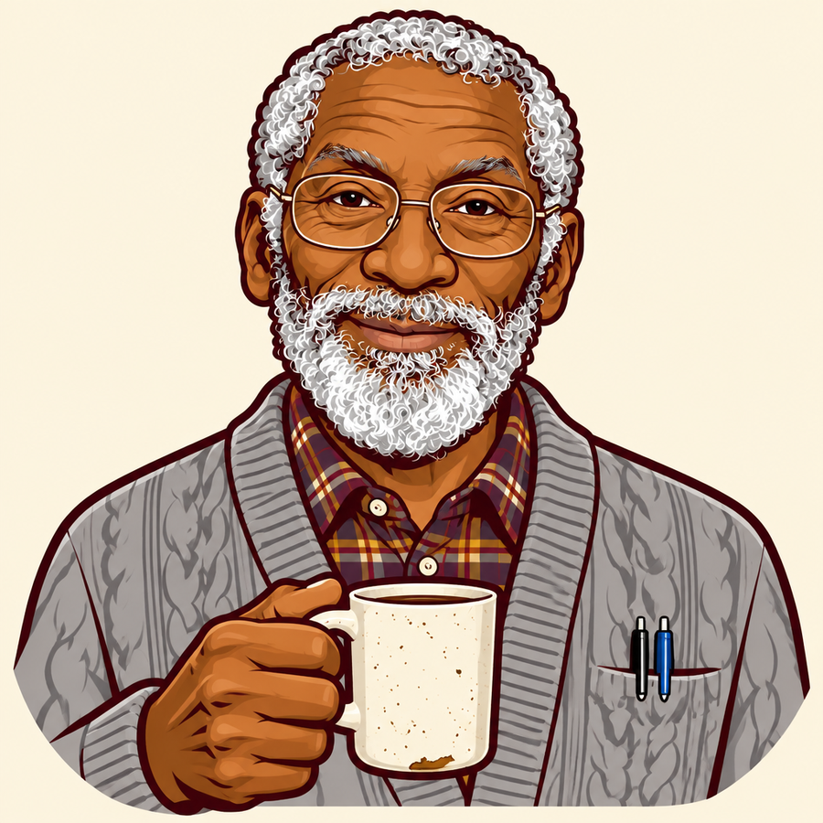 Earl, a retired plant floor manager with a gray beard and glasses, holding his coffee mug