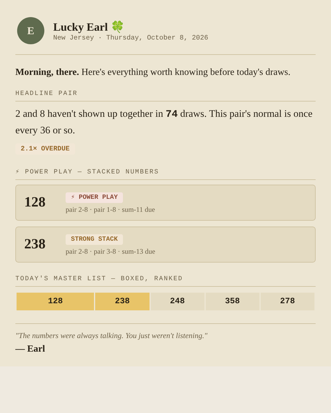 A sample daily email for New Jersey showing the headline pair, two Power Play numbers and the master list